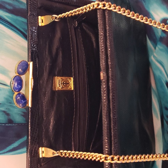 Gucci Vintage Rare Black Lizzard LAPIS STONE Beads Shoulder Clutch Bag GORGEOUS! - Picture 3 of 15